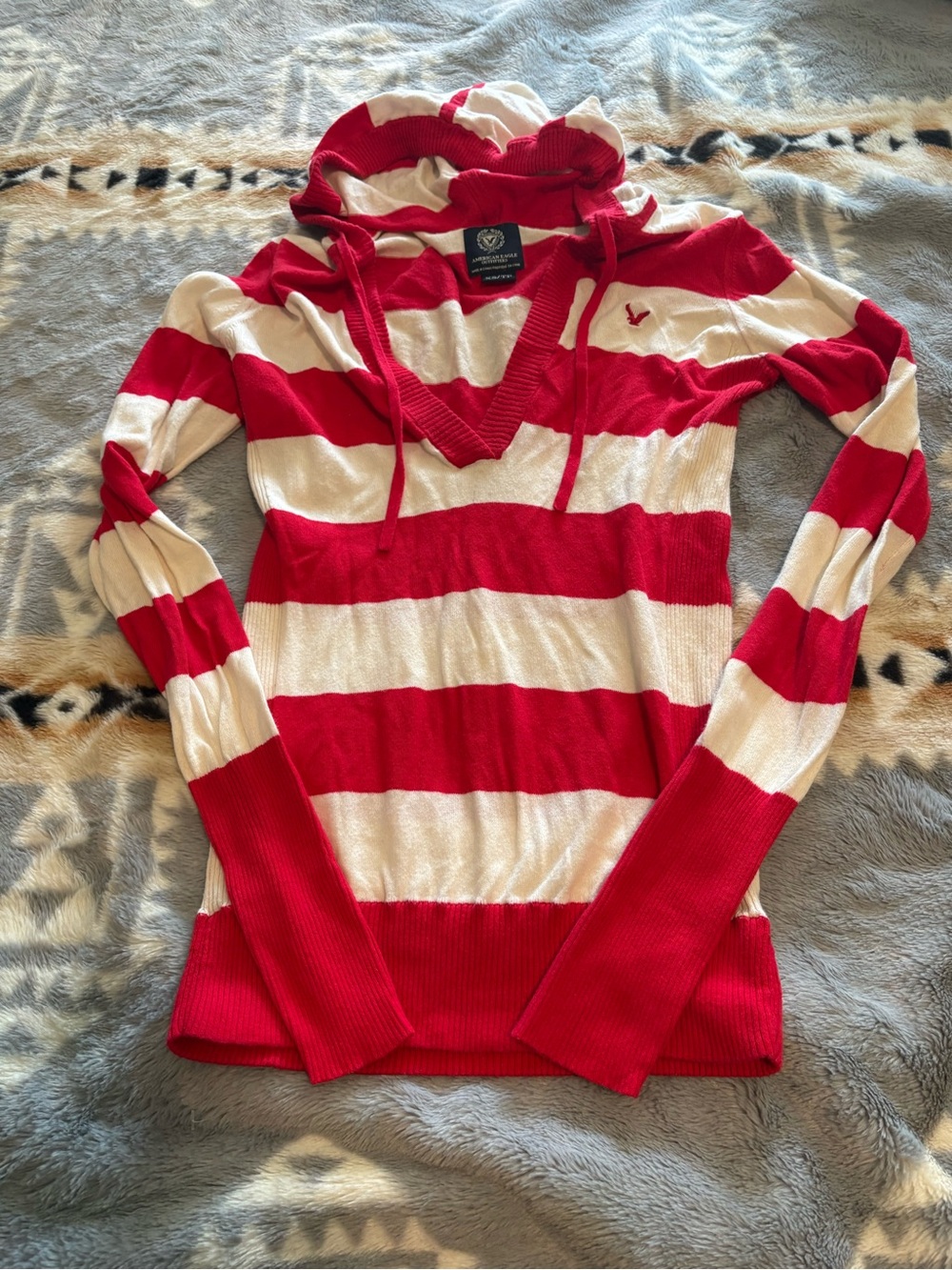American Eagle Outfitters Red & White Striped V-Neck Hooded Sweater